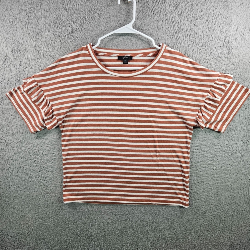 J Crew‎ Oversized Tee Top Women XS Ruffle Sleeve White Brown Striped
